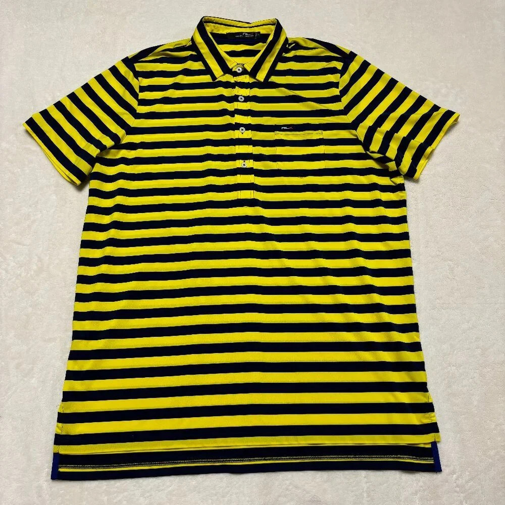 Ralph Lauren RLX Mens Polo Shirt Size XL Yellow‎ Blue Striped Golf Performance